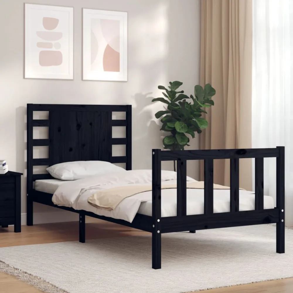 Bedframe met hoofdbord massief hout zwart 100x200 cm