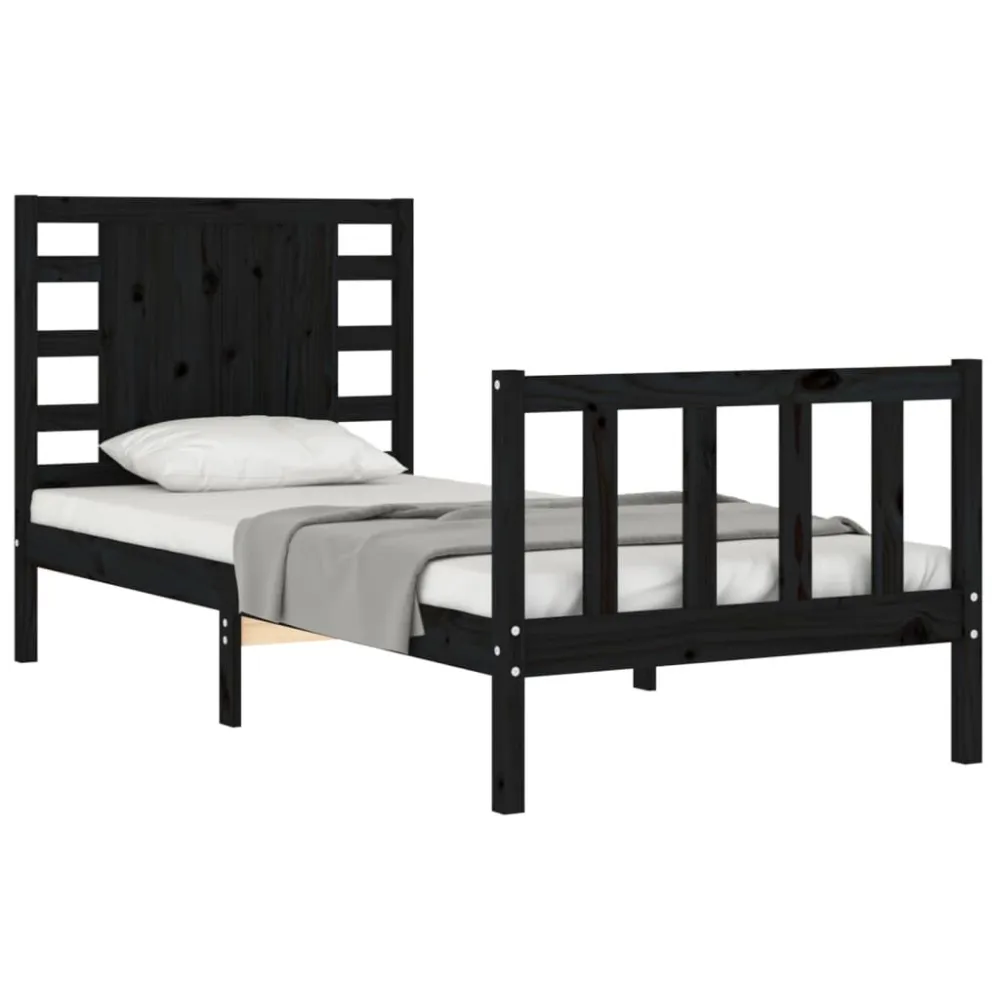 Bedframe met hoofdbord massief hout zwart 100x200 cm