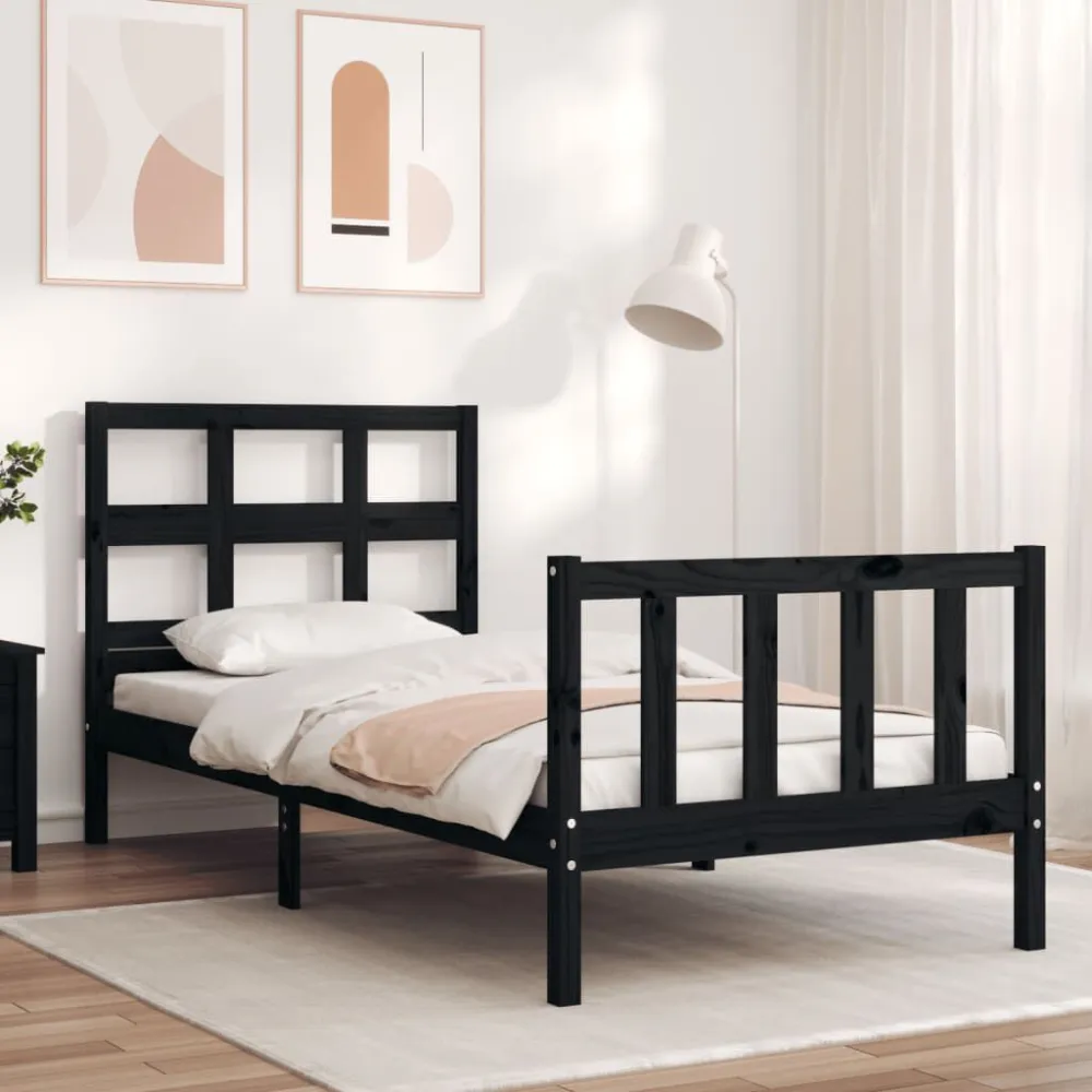 Bedframe met hoofdbord massief hout zwart