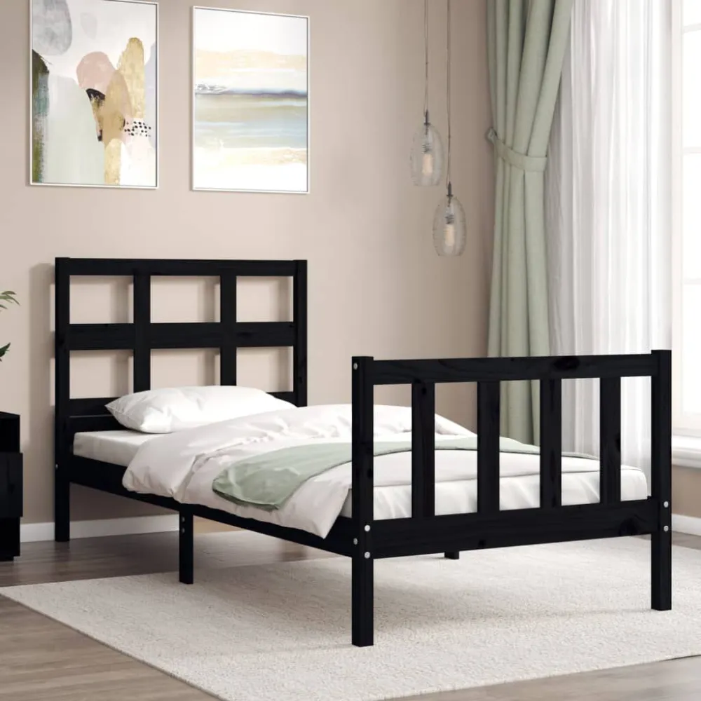 Bedframe met hoofdbord massief hout zwart