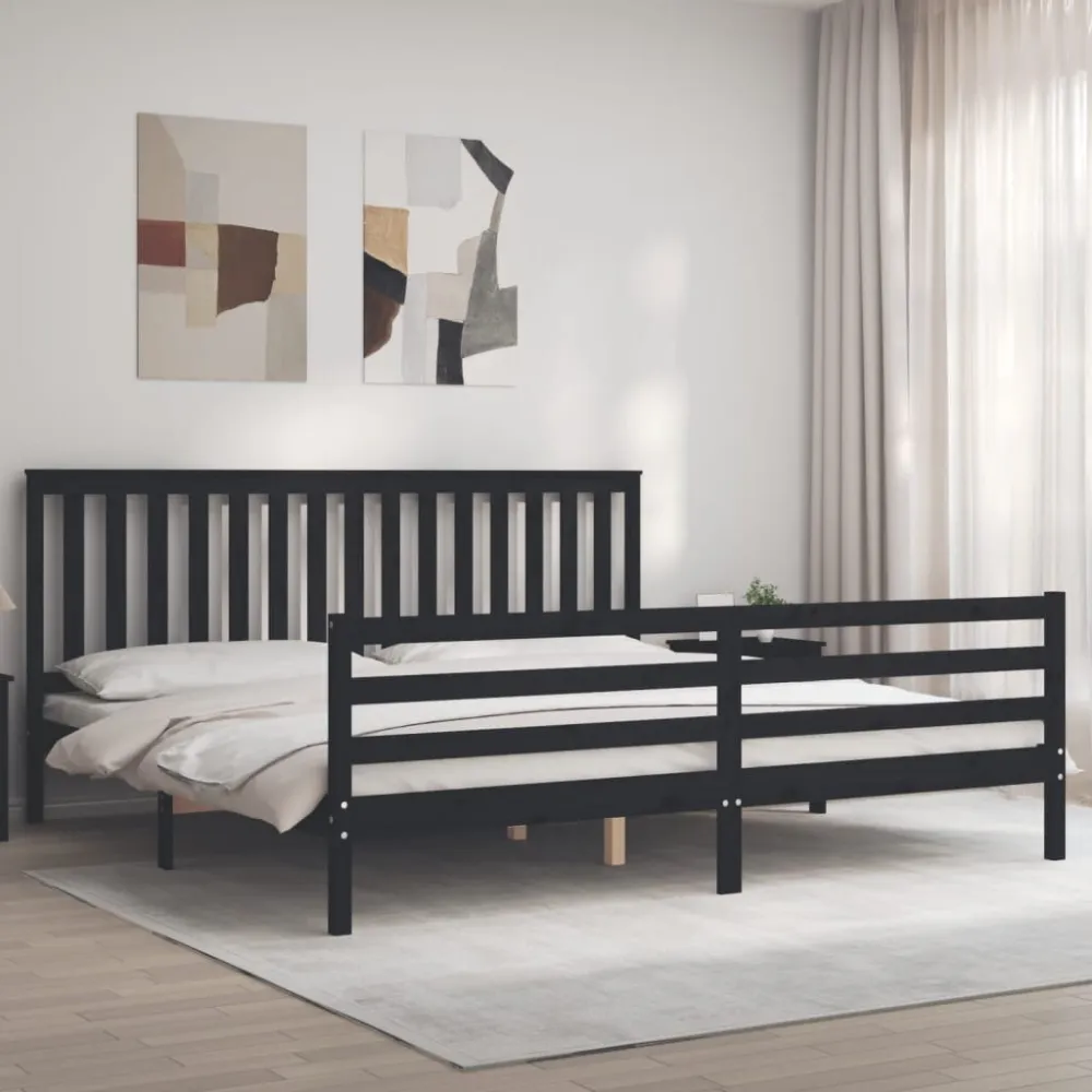 Bedframe met hoofdbord massief hout zwart 200x200 cm