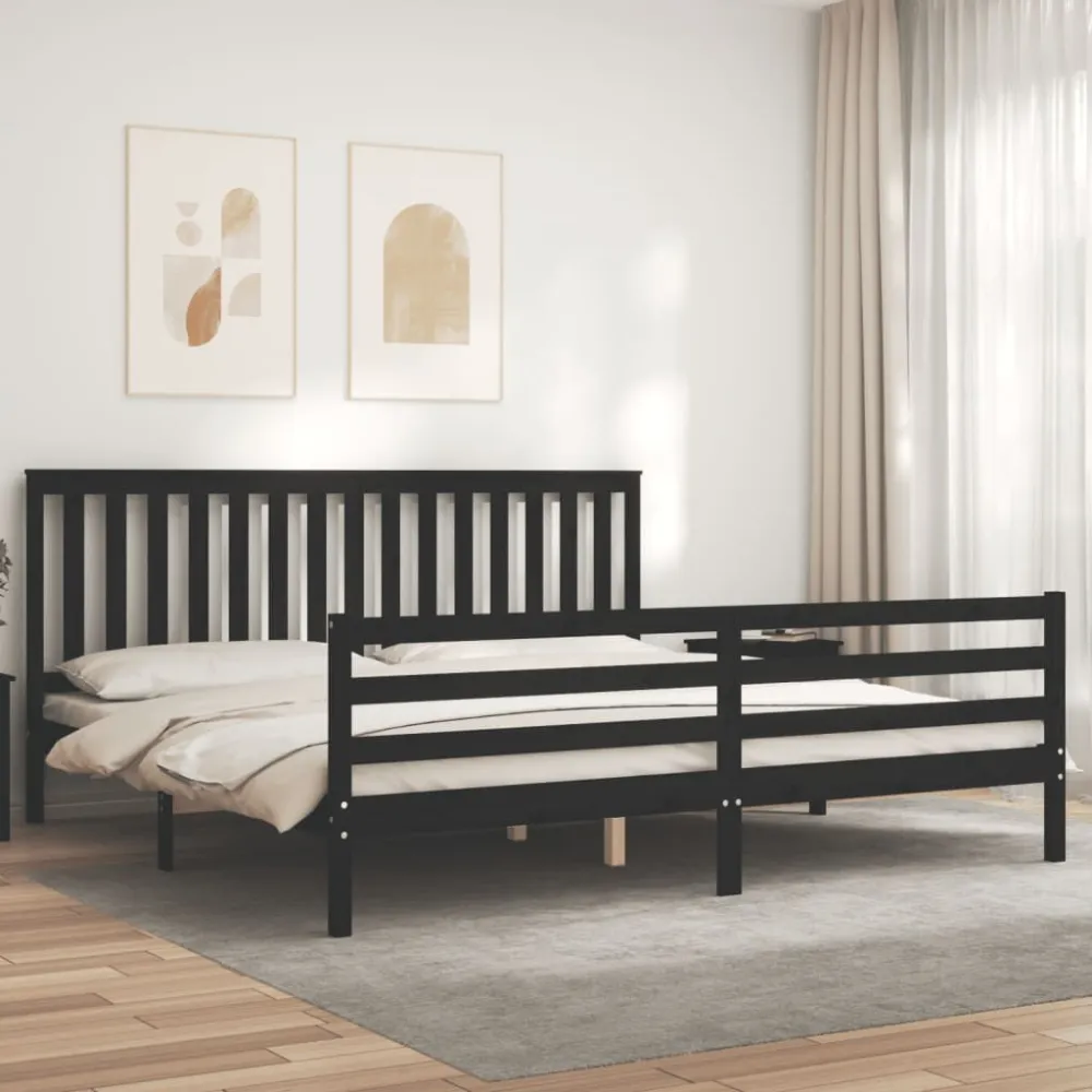 Bedframe met hoofdbord massief hout zwart 200x200 cm