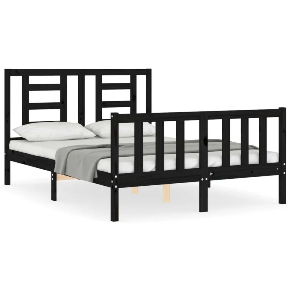 Bedframe met hoofdbord massief hout zwart 140x190 cm