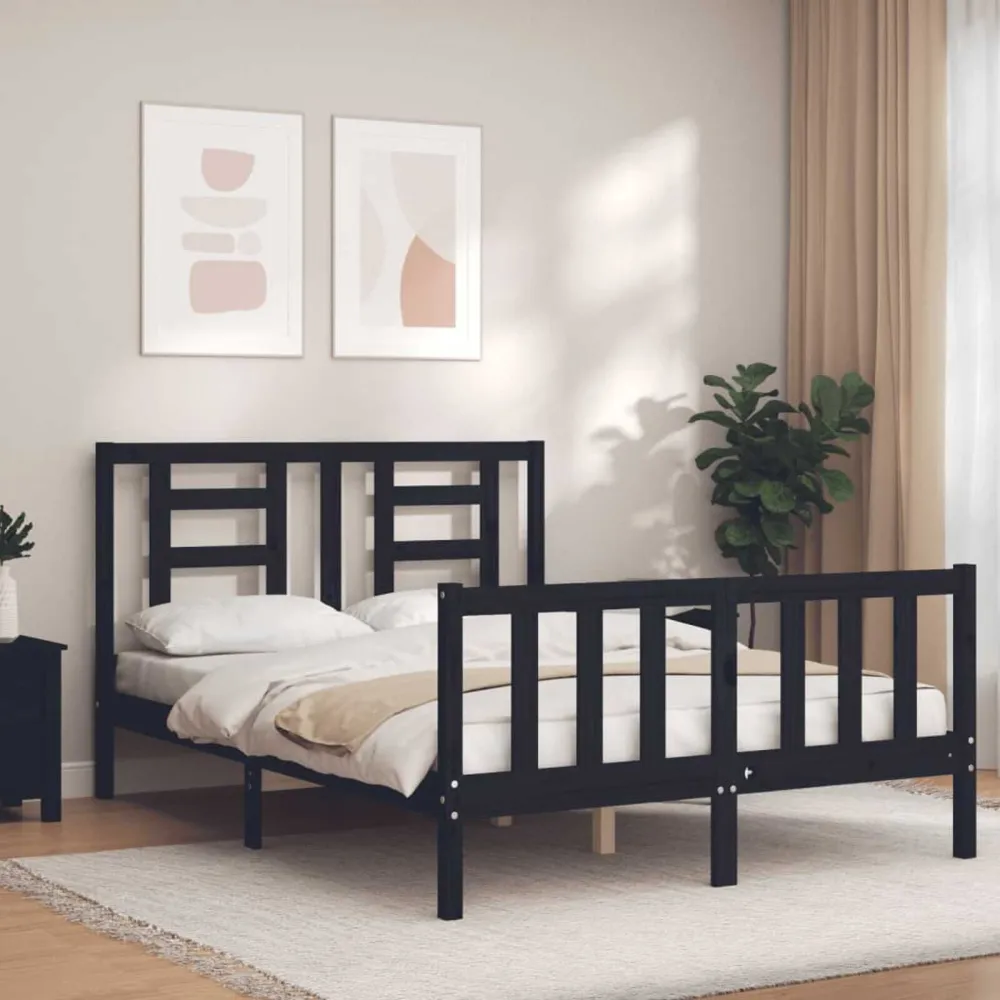 Bedframe met hoofdbord massief hout zwart 140x190 cm