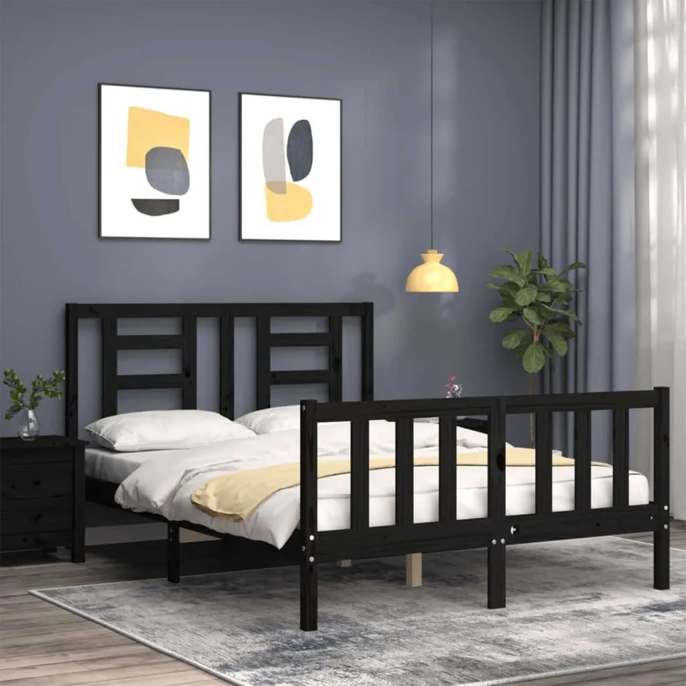 Bedframe met hoofdbord massief hout zwart 140x190 cm