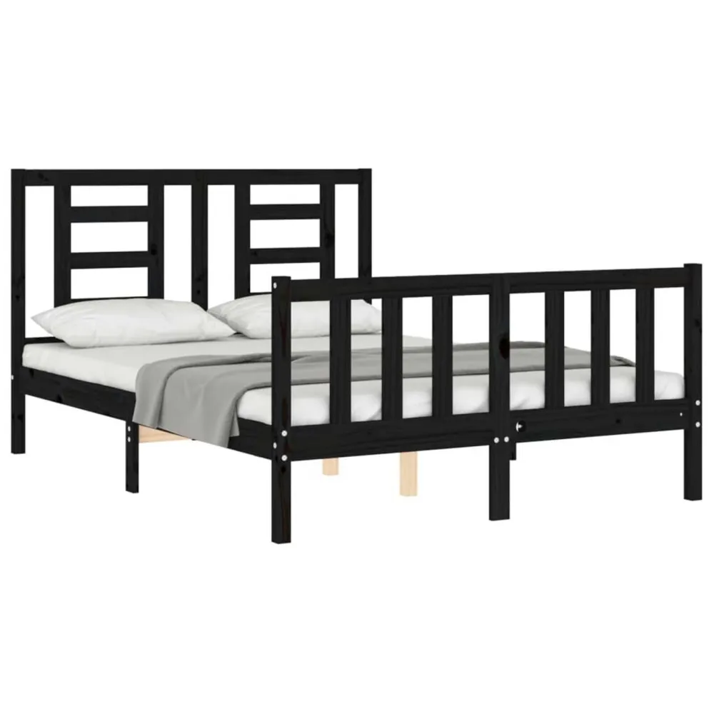 Bedframe met hoofdbord massief hout zwart 140x190 cm