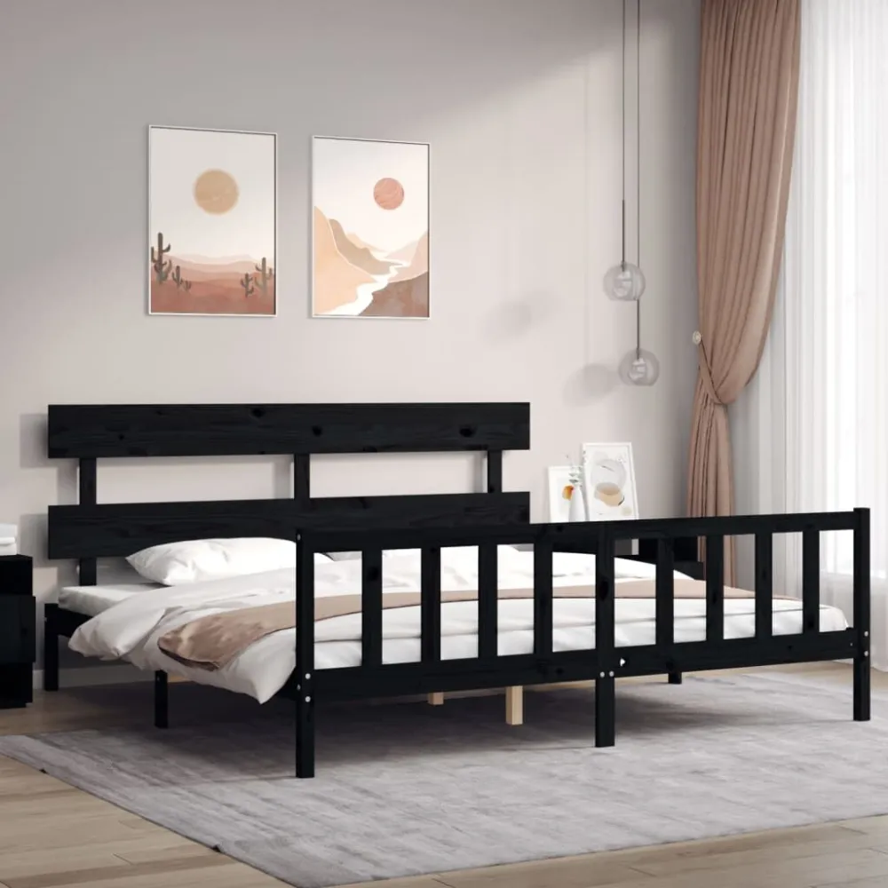 Bedframe met hoofdbord massief hout zwart 200x200 cm