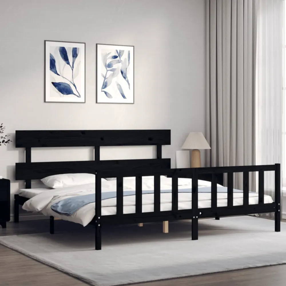 Bedframe met hoofdbord massief hout zwart 200x200 cm