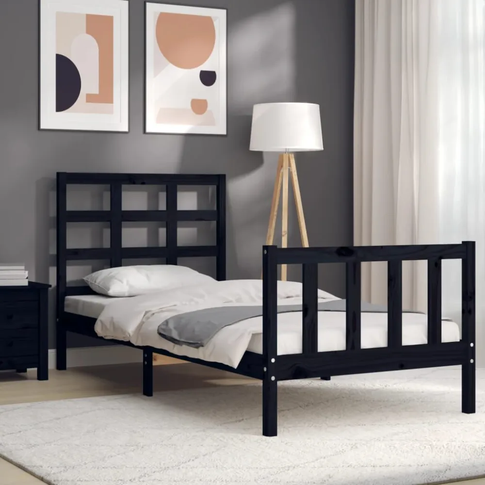Bedframe met hoofdbord massief hout zwart 100x200 cm