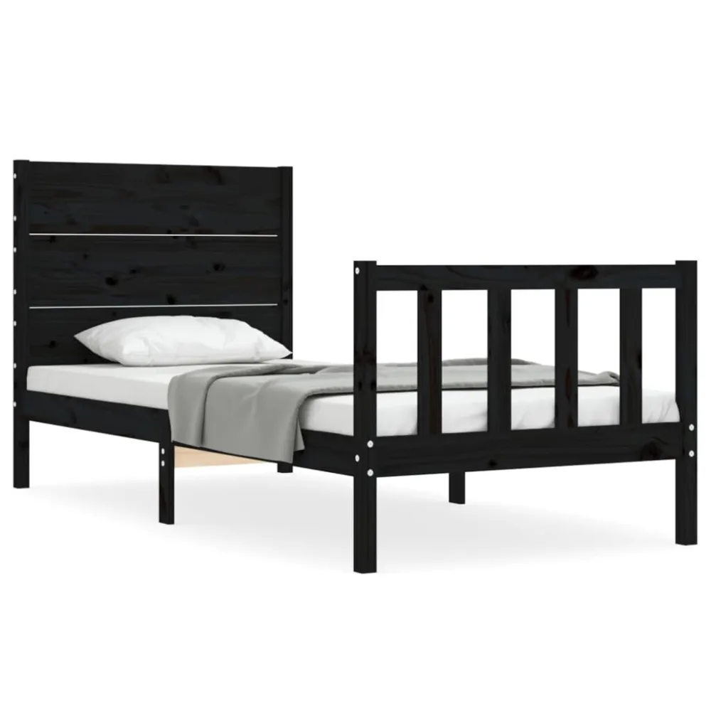 Bedframe met hoofdbord massief hout zwart