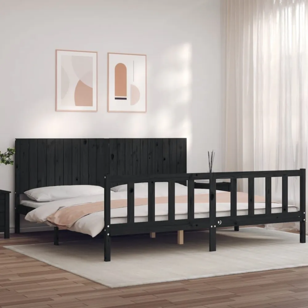 Bedframe met hoofdbord massief hout zwart 200x200 cm