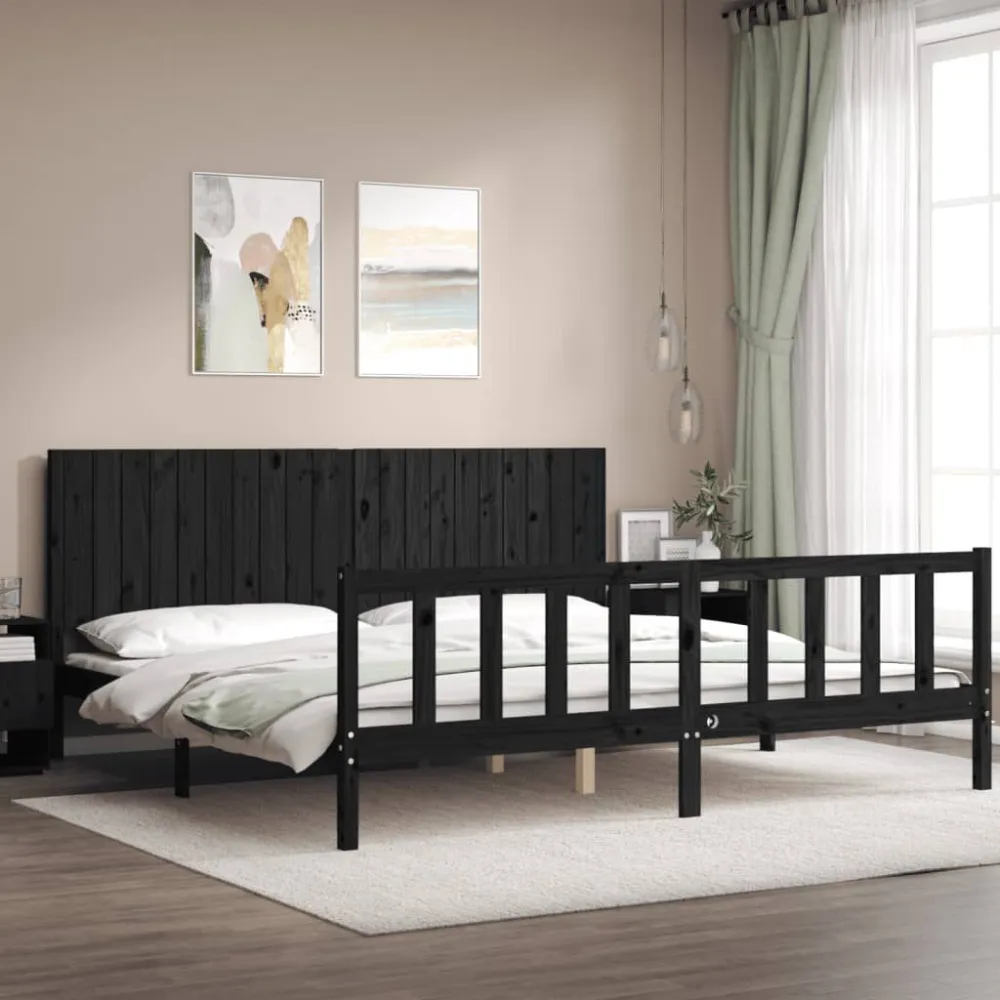 Bedframe met hoofdbord massief hout zwart 200x200 cm