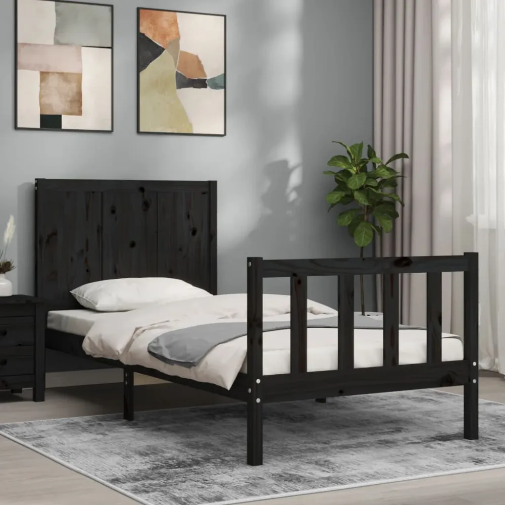 Bedframe met hoofdbord massief hout zwart