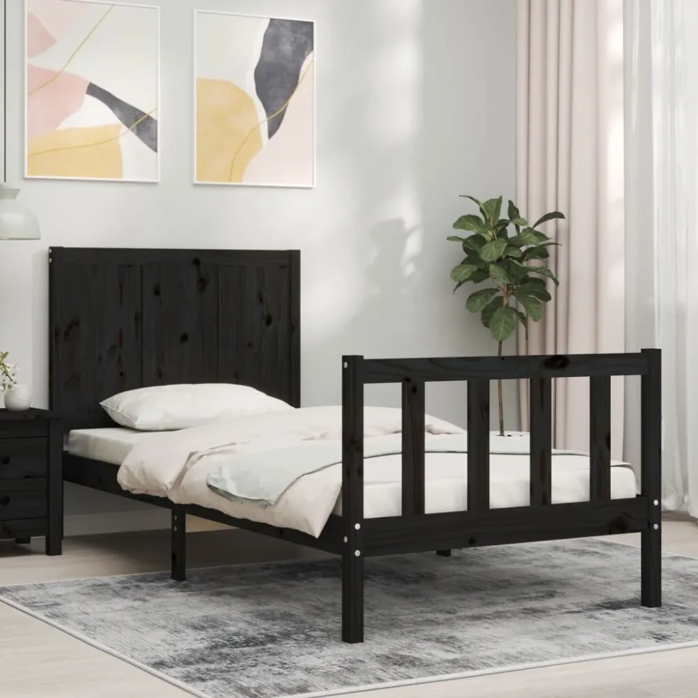 Bedframe met hoofdbord massief hout zwart