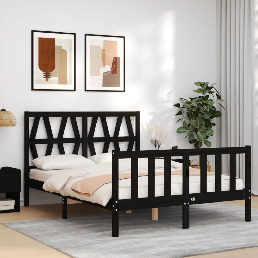 Bedframe met hoofdbord massief hout zwart 140x190 cm