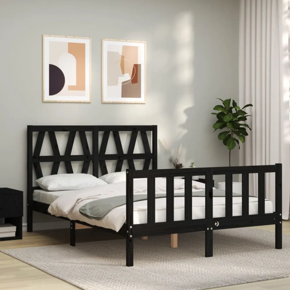 Bedframe met hoofdbord massief hout zwart 140x190 cm