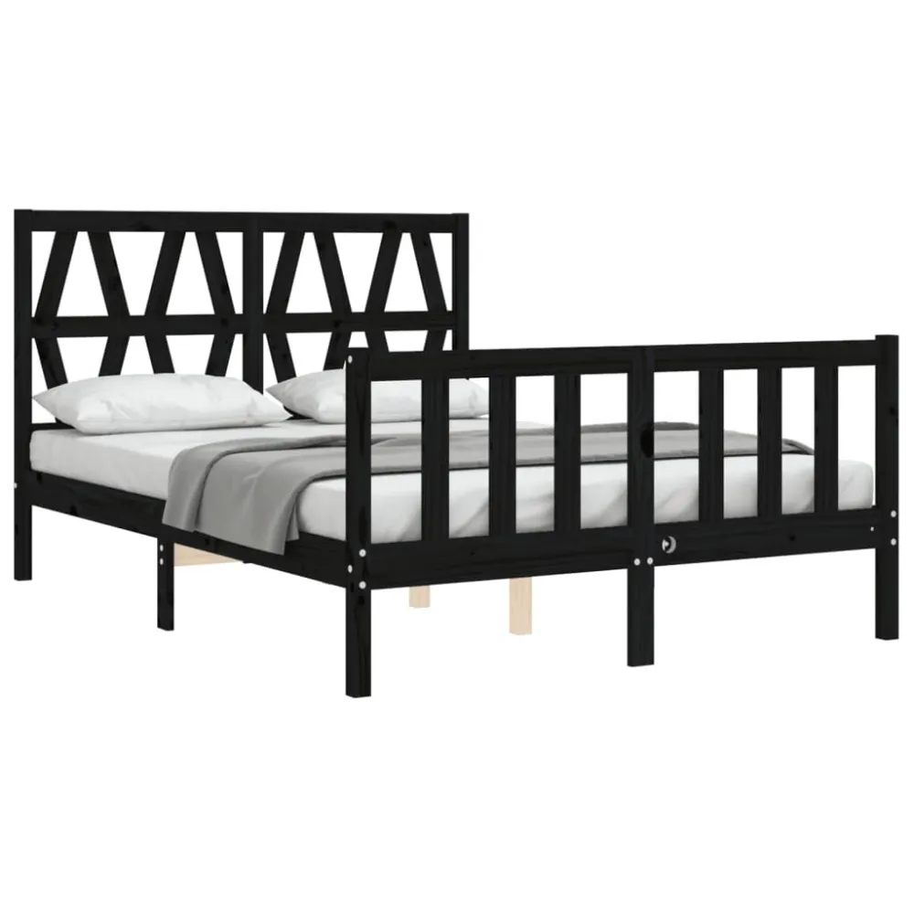 Bedframe met hoofdbord massief hout zwart 140x190 cm