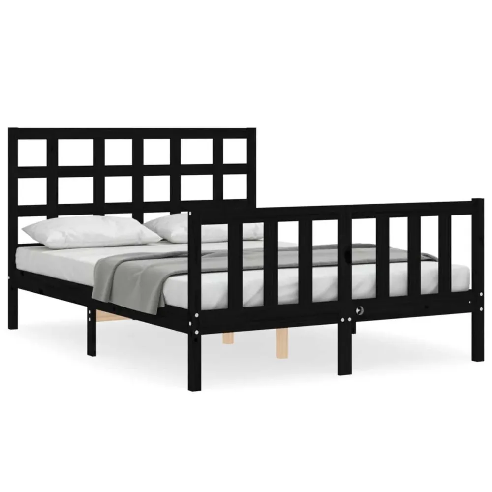 Bedframe met hoofdbord massief hout zwart 140x190 cm