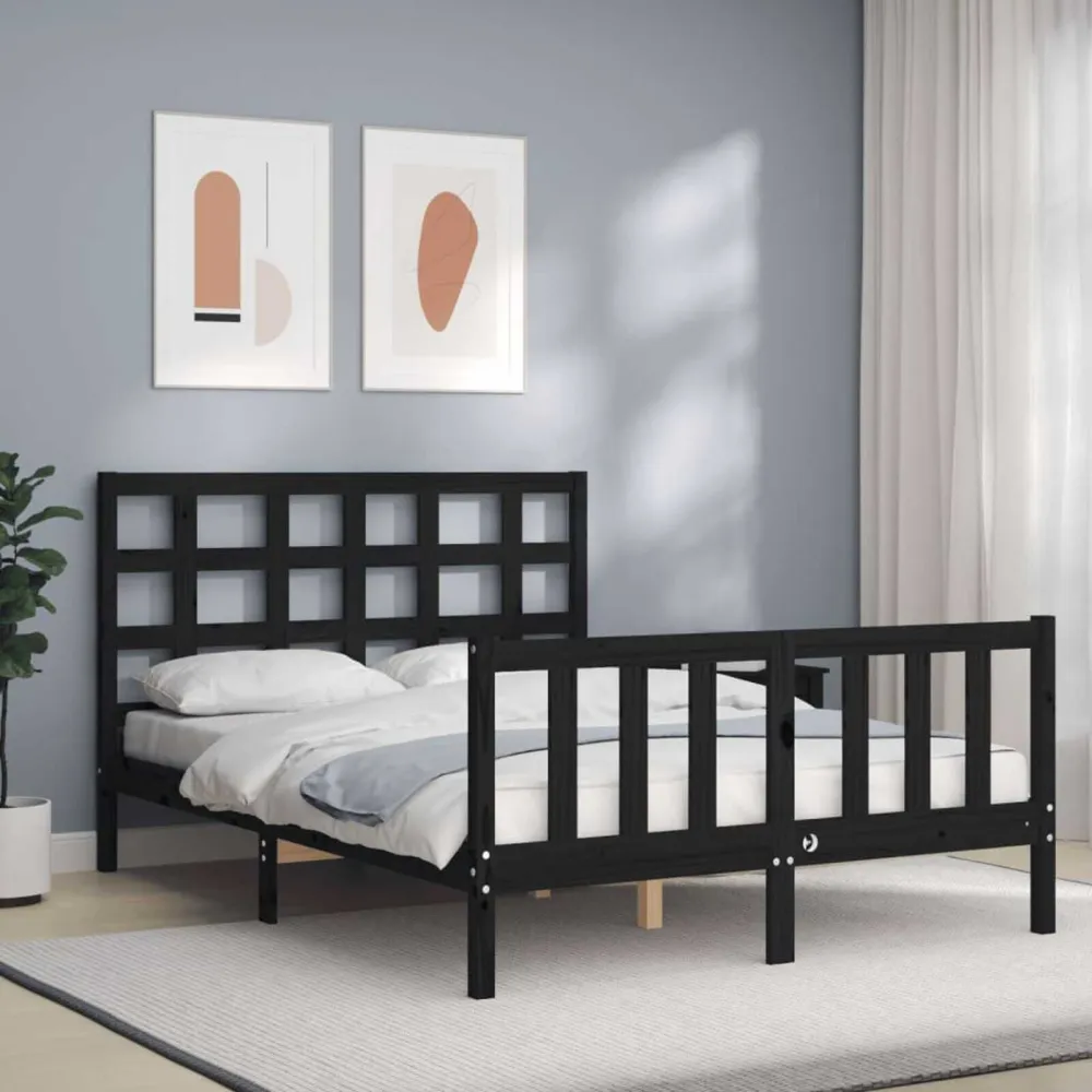 Bedframe met hoofdbord massief hout zwart 140x190 cm