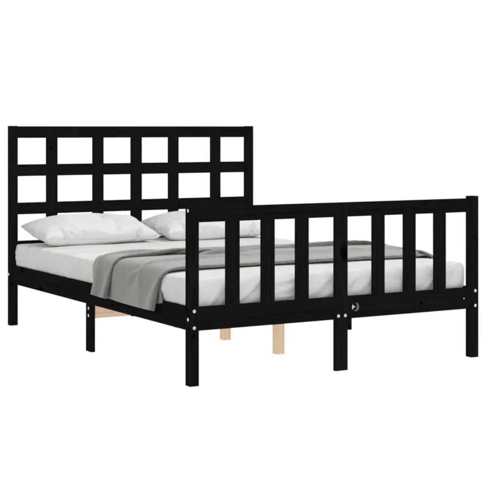 Bedframe met hoofdbord massief hout zwart 140x190 cm