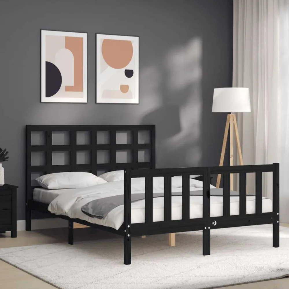 Bedframe met hoofdbord massief hout zwart 140x190 cm