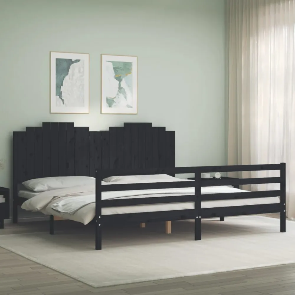 Bedframe met hoofdbord massief hout zwart 200x200 cm