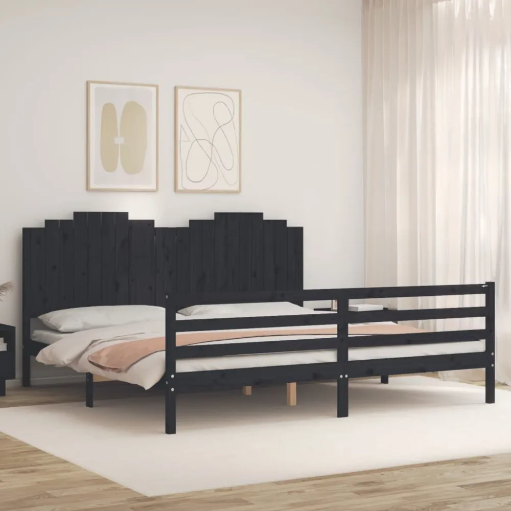 Bedframe met hoofdbord massief hout zwart 200x200 cm