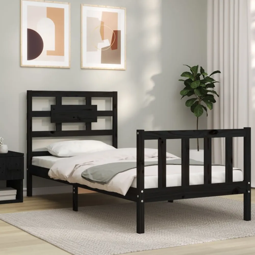 Bedframe met hoofdbord massief hout zwart