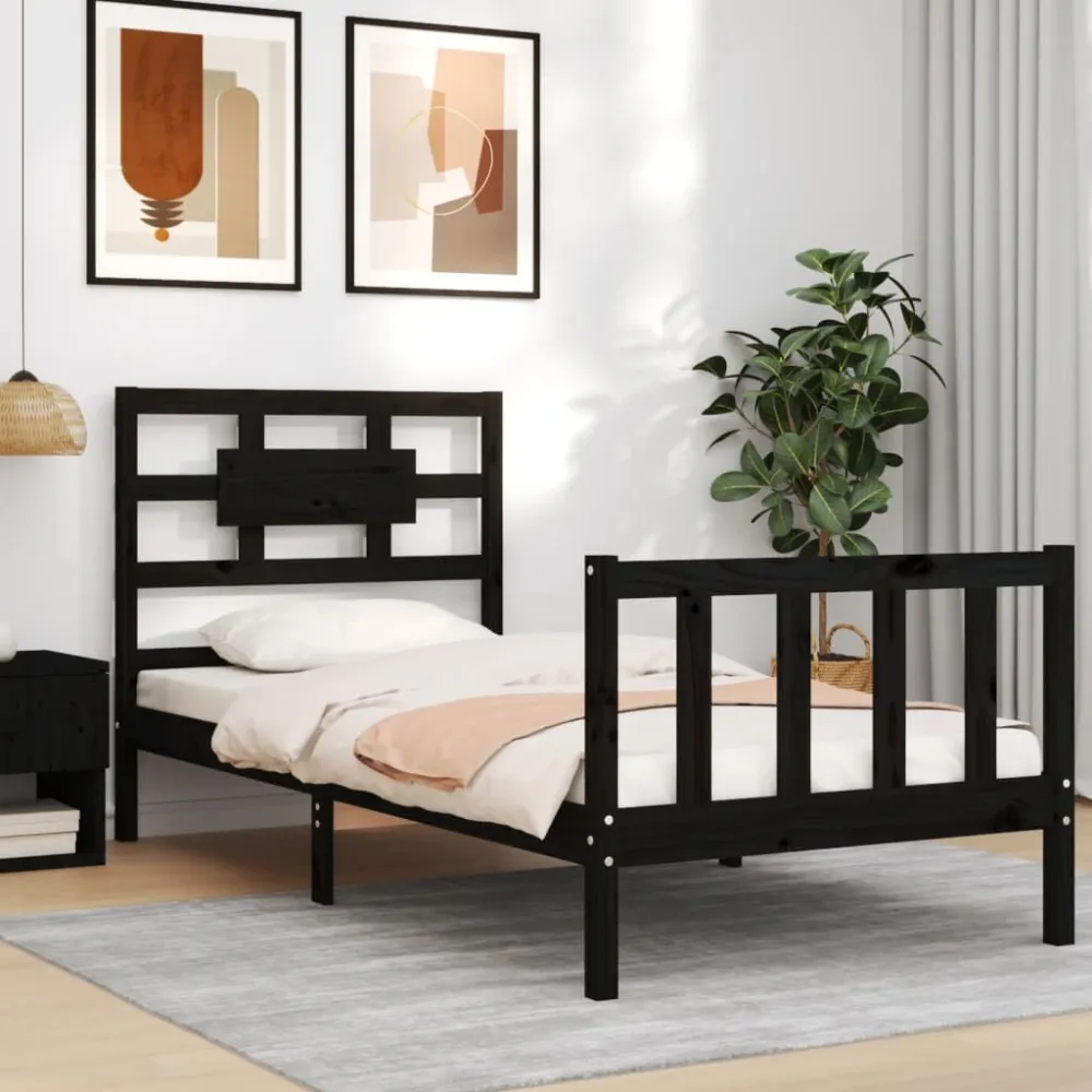 Bedframe met hoofdbord massief hout zwart