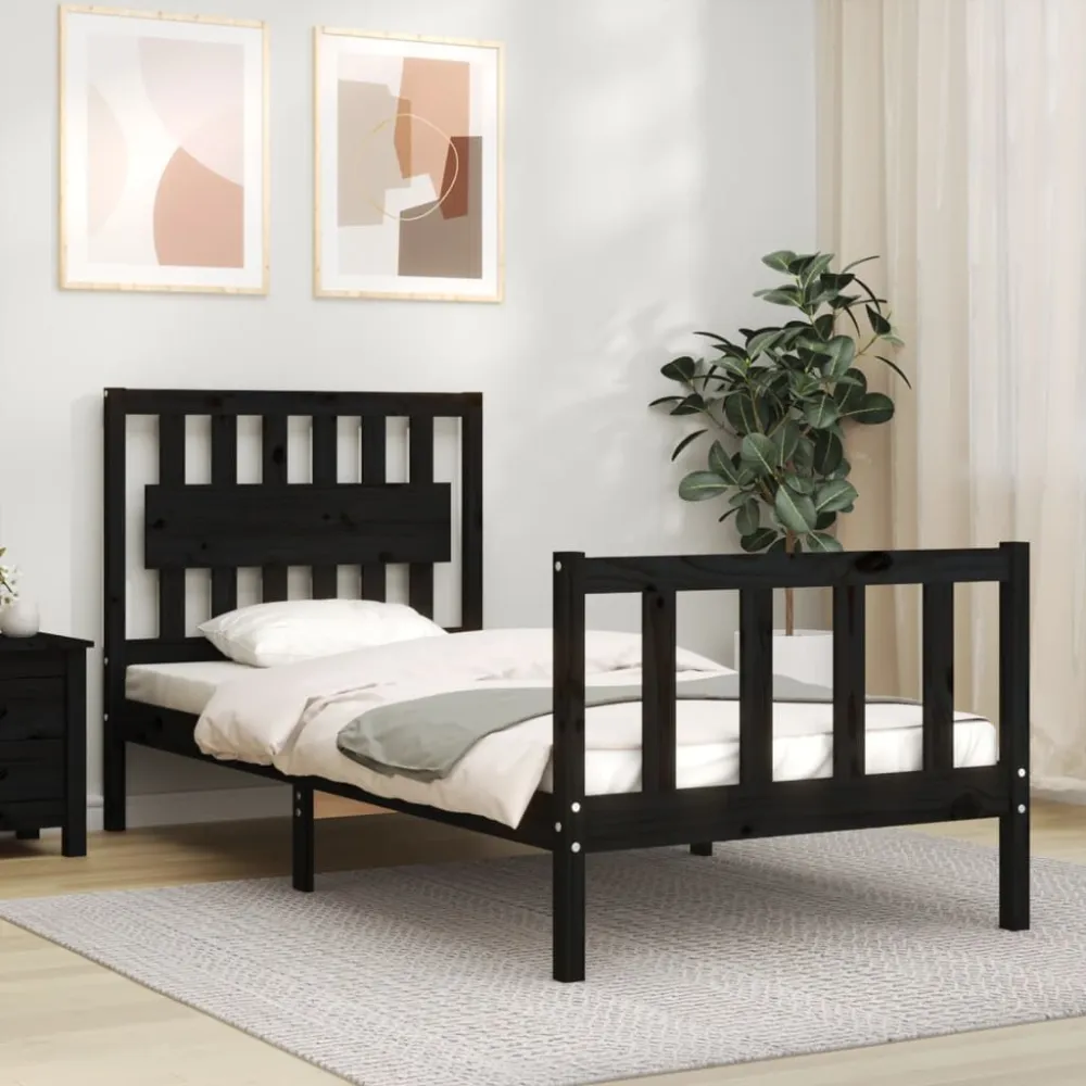 Bedframe met hoofdbord massief hout zwart