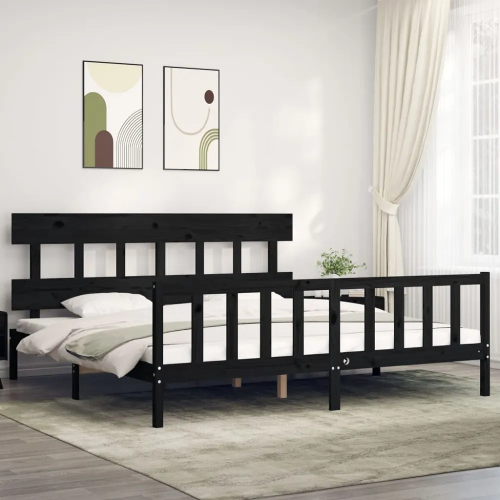 Bedframe met hoofdbord massief hout zwart 200x200 cm