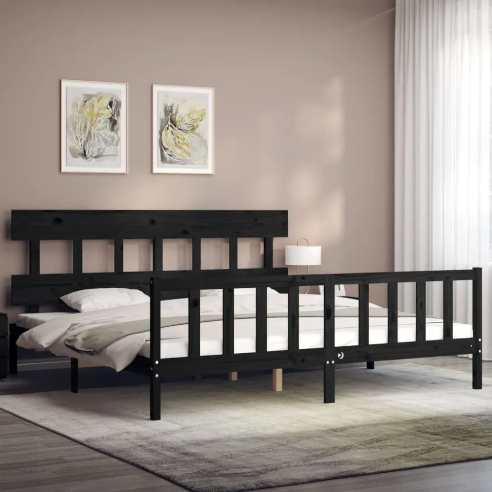 Bedframe met hoofdbord massief hout zwart 200x200 cm
