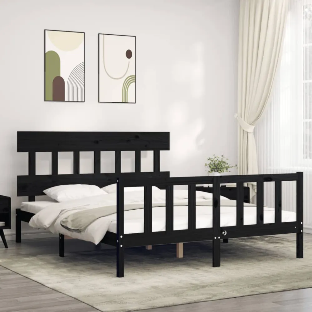 Bedframe met hoofdbord massief hout zwart
