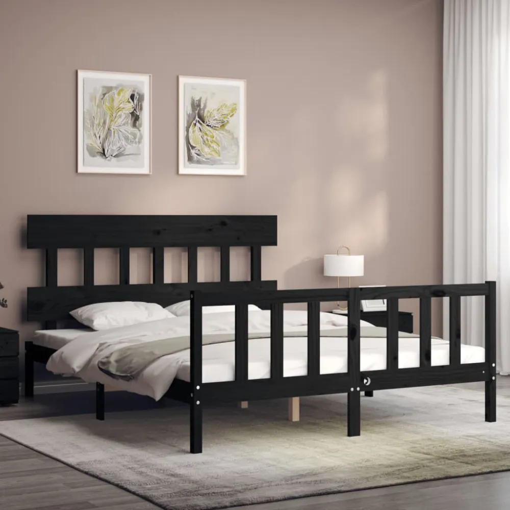 Bedframe met hoofdbord massief hout zwart