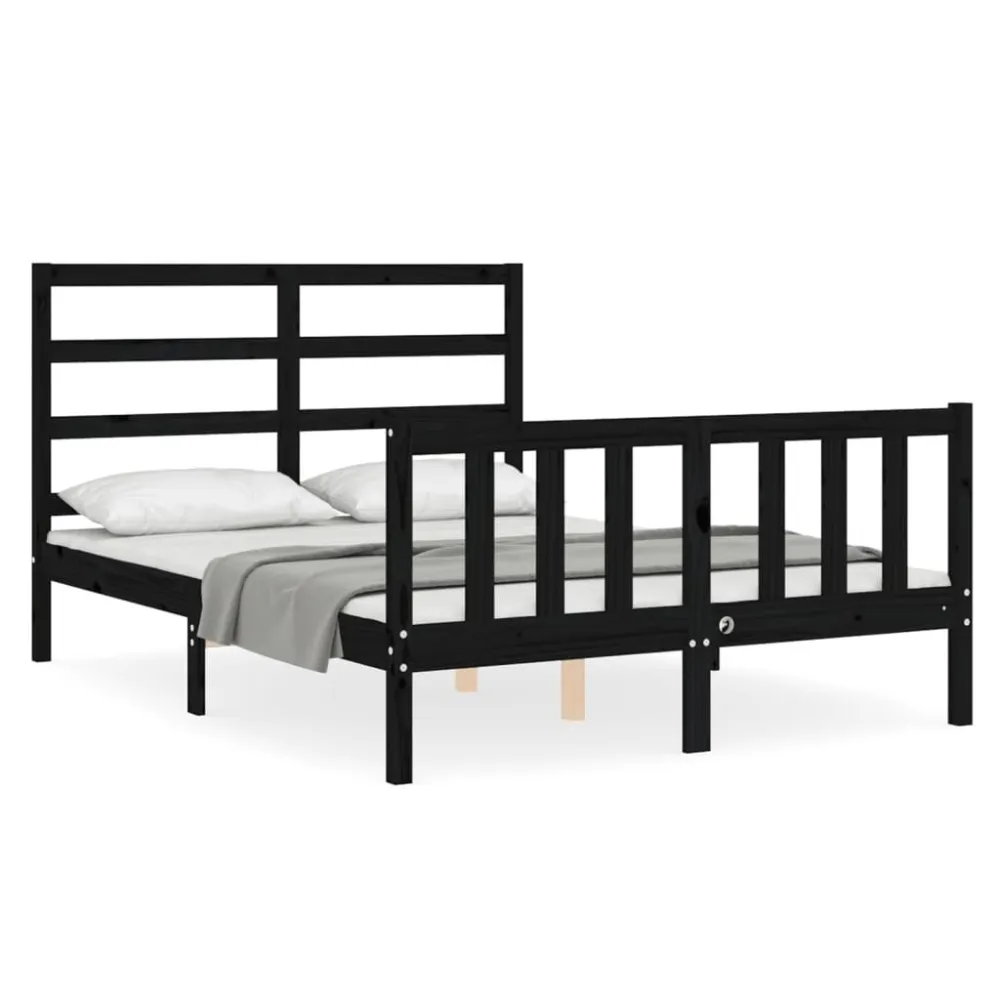 Bedframe met hoofdbord massief hout zwart 140x190 cm