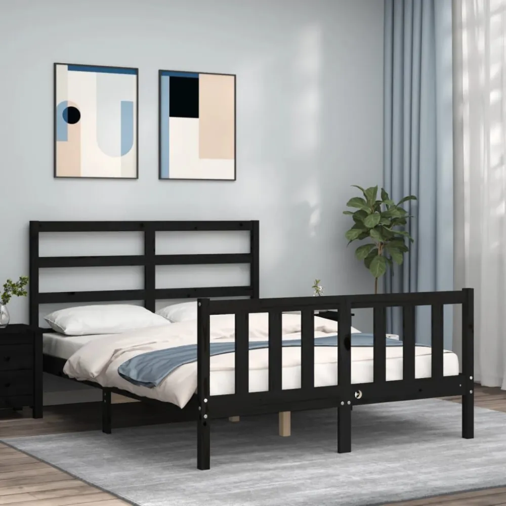 Bedframe met hoofdbord massief hout zwart 140x190 cm