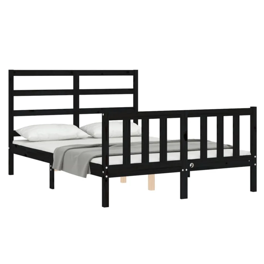 Bedframe met hoofdbord massief hout zwart 140x190 cm