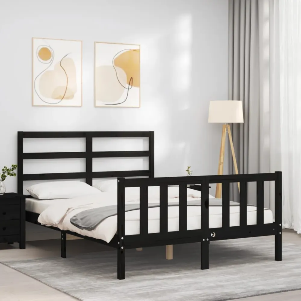Bedframe met hoofdbord massief hout zwart 140x190 cm