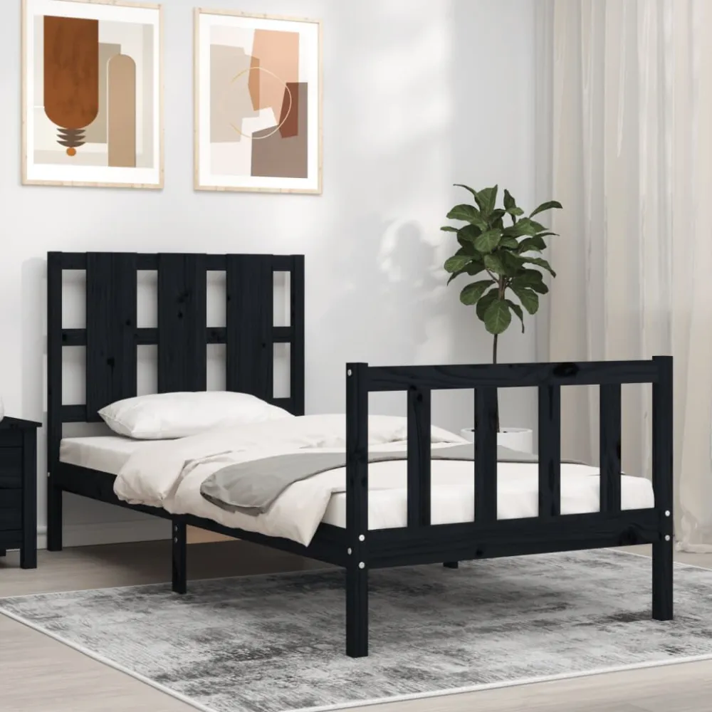 Bedframe met hoofdbord massief hout zwart