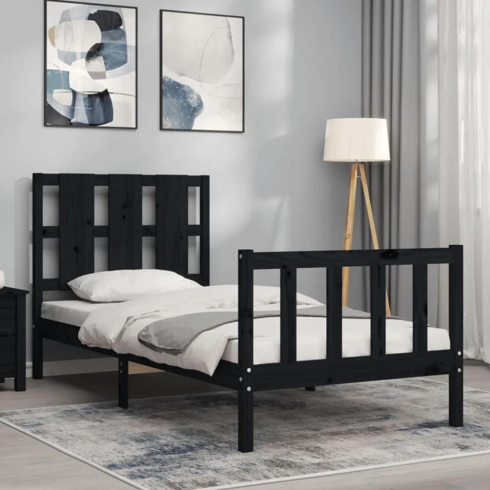 Bedframe met hoofdbord massief hout zwart