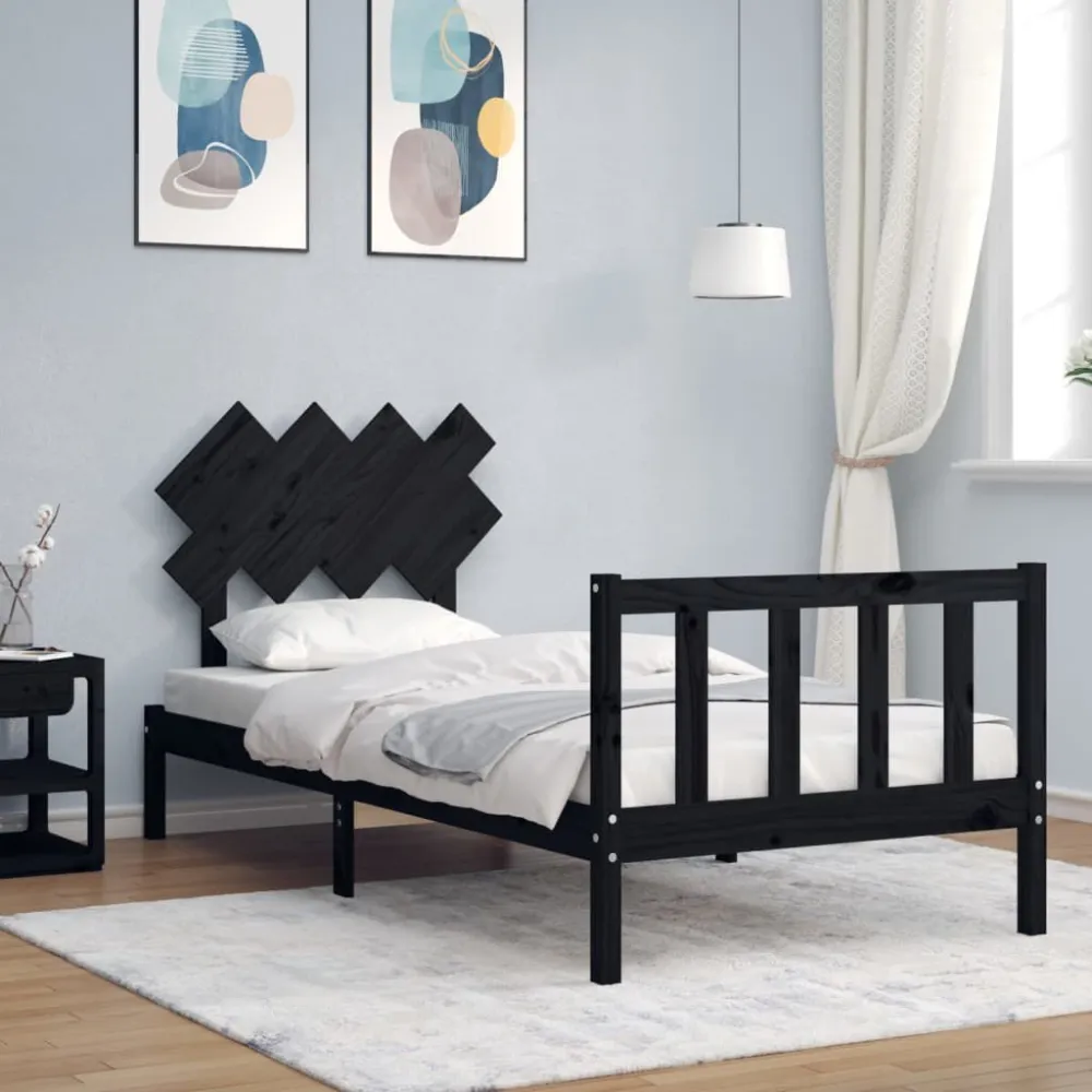 Bedframe met hoofdbord massief hout zwart