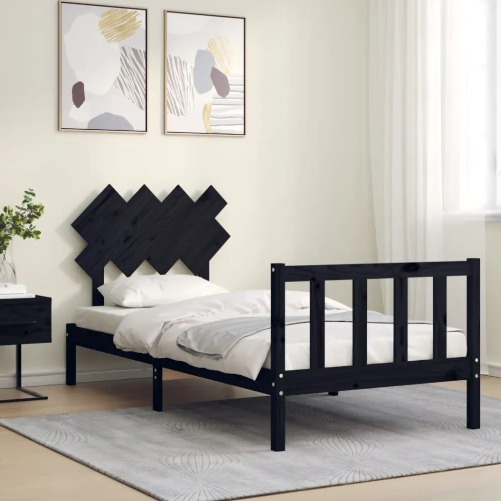 Bedframe met hoofdbord massief hout zwart