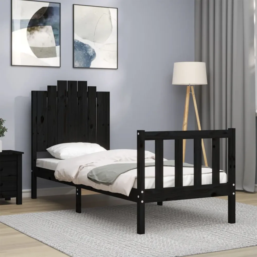 Bedframe met hoofdbord massief hout zwart
