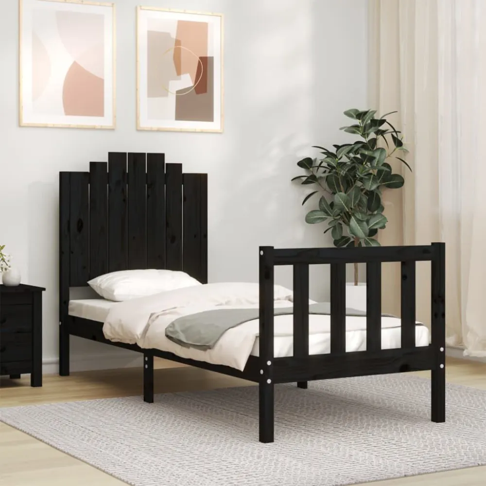 Bedframe met hoofdbord massief hout zwart