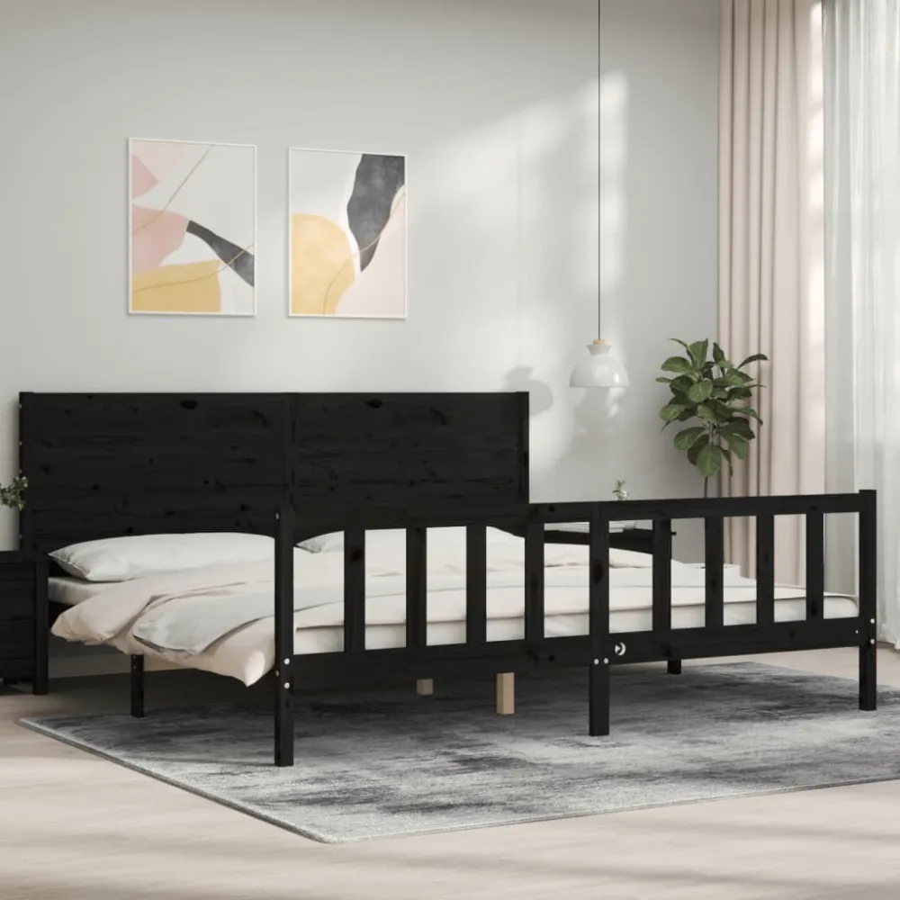 Bedframe met hoofdbord massief hout zwart 200x200 cm