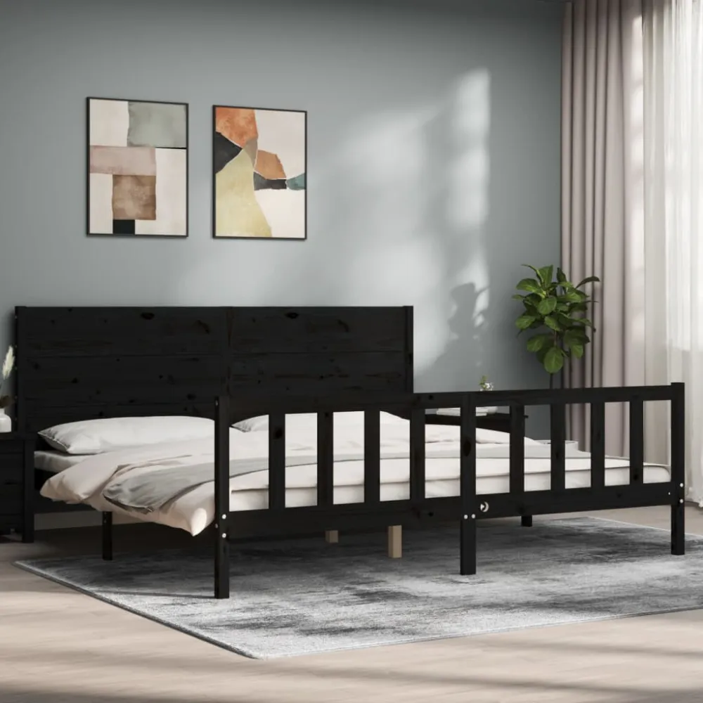 Bedframe met hoofdbord massief hout zwart 200x200 cm