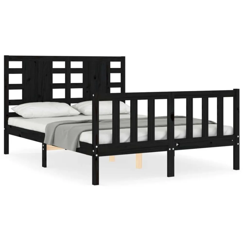 Bedframe met hoofdbord massief hout zwart 140x190 cm