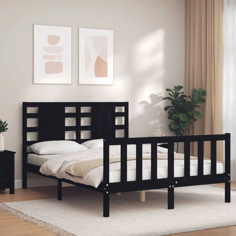 Bedframe met hoofdbord massief hout zwart 140x190 cm