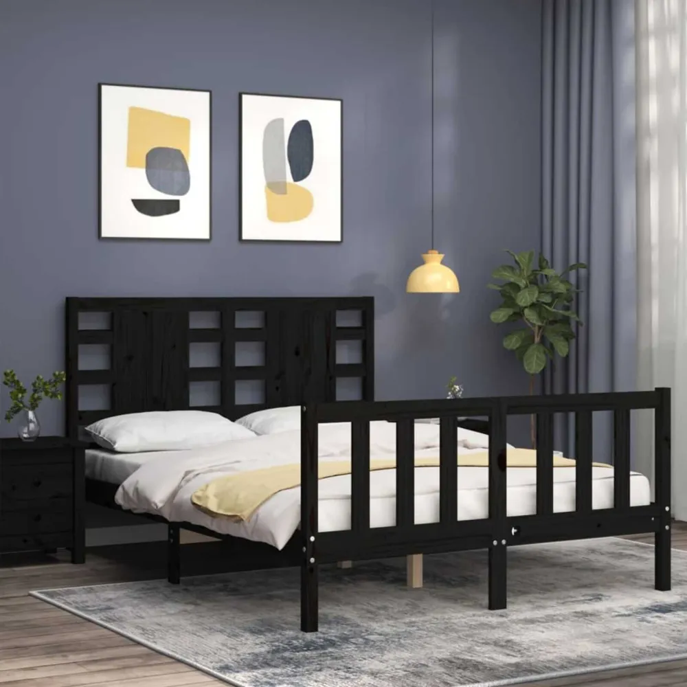 Bedframe met hoofdbord massief hout zwart 140x190 cm