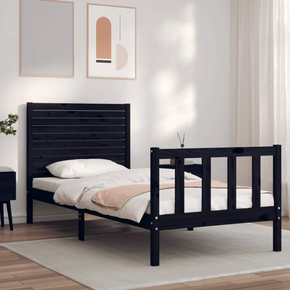 Bedframe met hoofdbord massief hout zwart